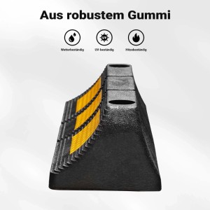 Schwarzer Gummi-Radstopper mit gelben Reflexstreifen, 47,5x12x8cm, als Einparkhilfe und Anfahrschutz.