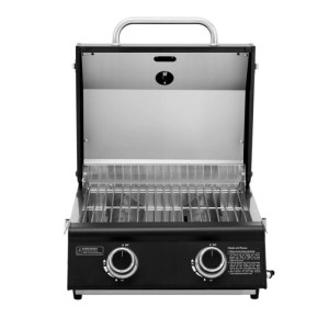 Taino Platinum Compact Dark Tischgrill, 2 Brenner Gasgrill aus schwarzem Stahl mit offenem Edelstahldeckel und Grillrost. Ideal für Camping.