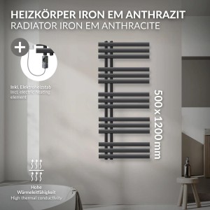 Anthrazitfarbener LuxeBath Badheizkörper IronEM mit Heizstab (500x1200mm) im Badezimmer.