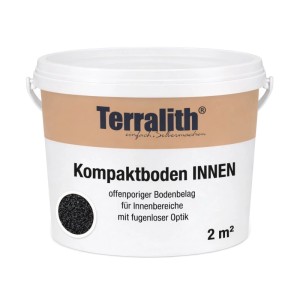 Weißer Eimer Terralith Kompaktboden Mix Nero 110 für 2 m². Offenporiger Steinteppich für Innenbereiche mit fugenloser Optik.
