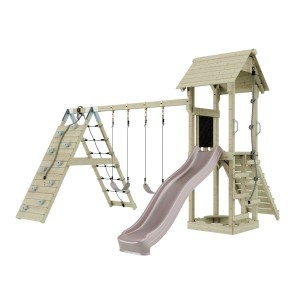OutdoorToys Spielturm Kiruna mit Kletterwand, Rutsche und Doppelschaukel in Altrosa.