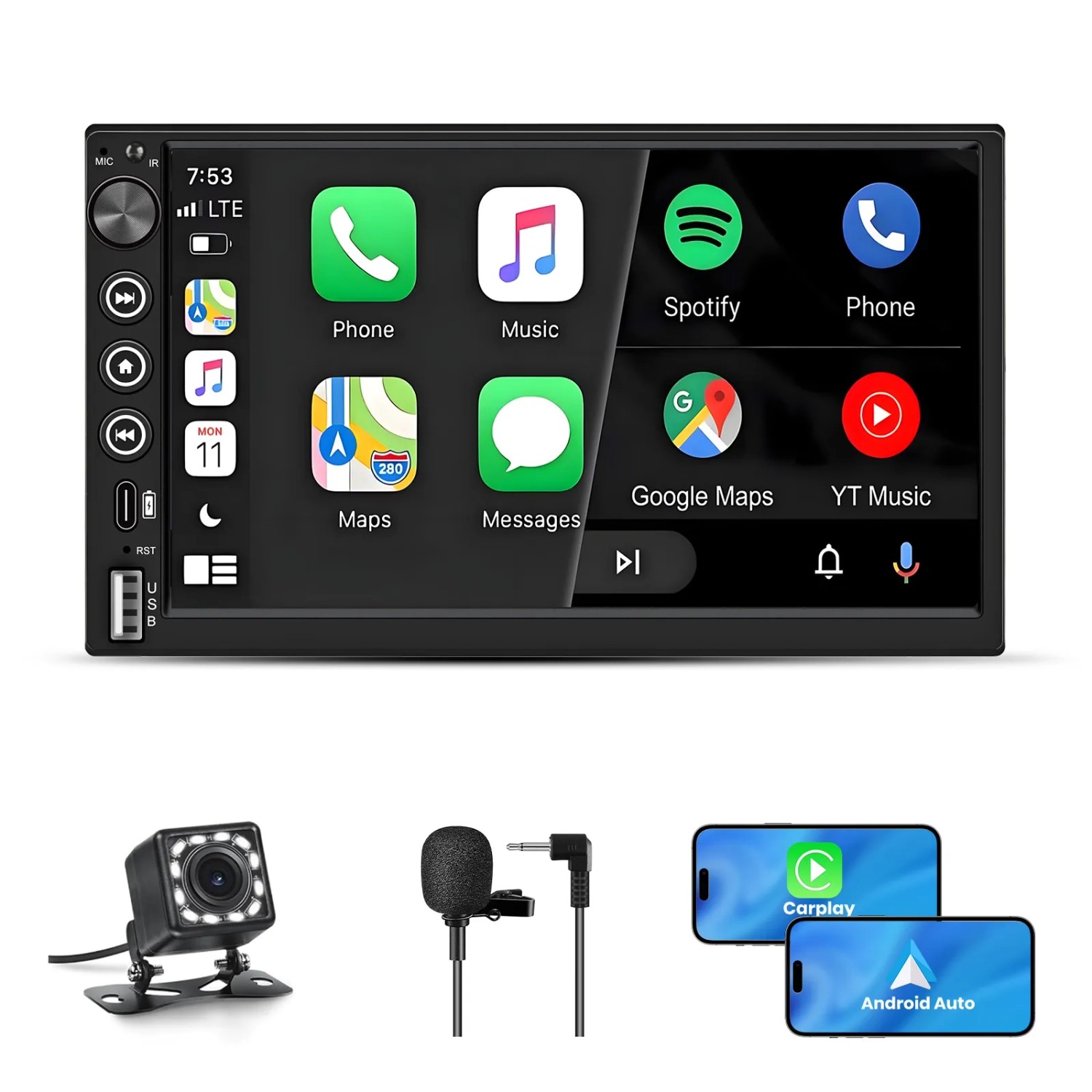JUNSUN CARPLAY 7 Zoll Doppel DIN Autoradio mit Android Auto IPS Touchscreen 1024x600 Drehknopf Bluetooth FM