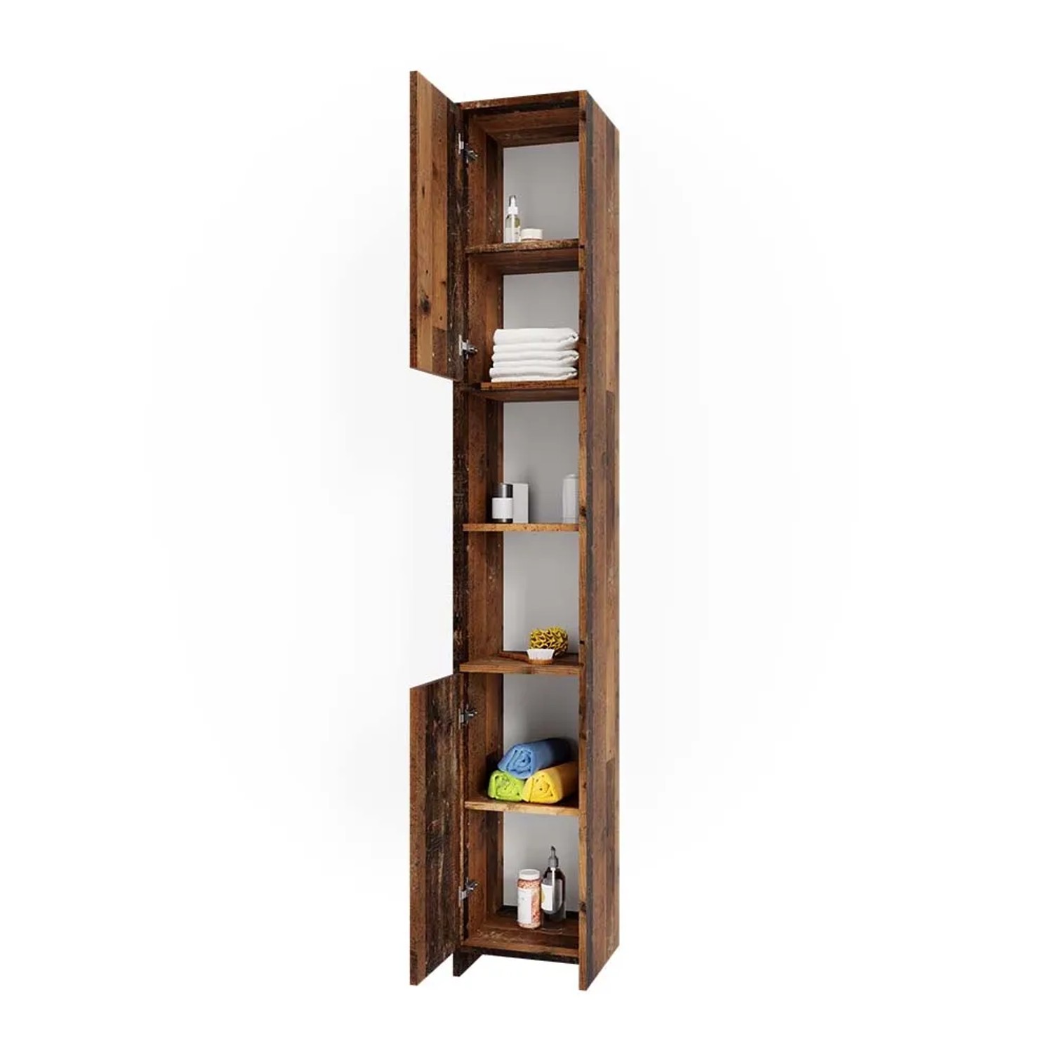 Vicco Badschrank Kiko Eiche Rustikal, 30x190 cm, mit offenen Fächern und zwei Türen. Badregal für mehr Stauraum.