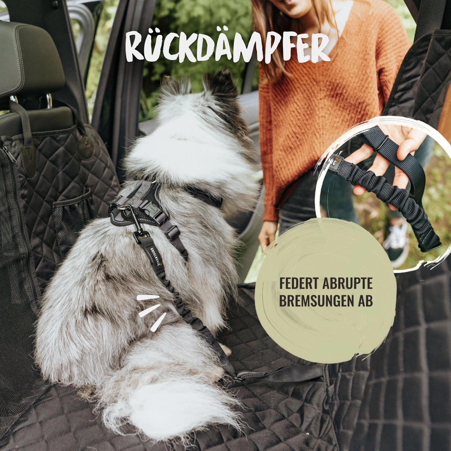 Hund mit Rudelkönig Sicherheitsgurt im Auto. Verstellbarer Anschnallgurt für Hunde, schwarz.