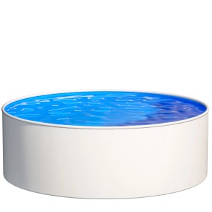 Weißer Poolomio Stahlwandpool, rund, 360x120 cm, gefüllt mit blauem Wasser.