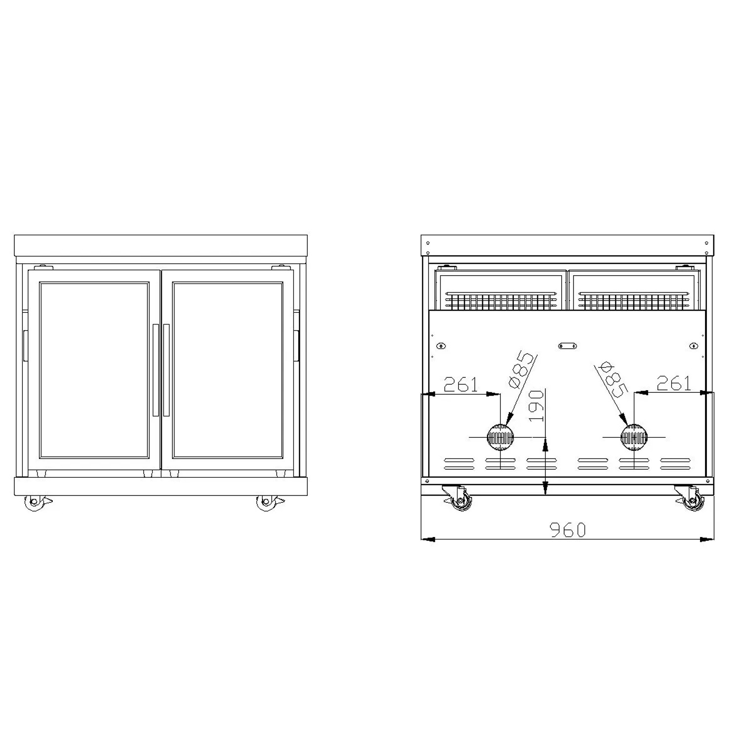 Skizze: MyOutdoorKitchen Modul-Kühlschrank mit zwei Türen und Maßen für Outdoorküchen.