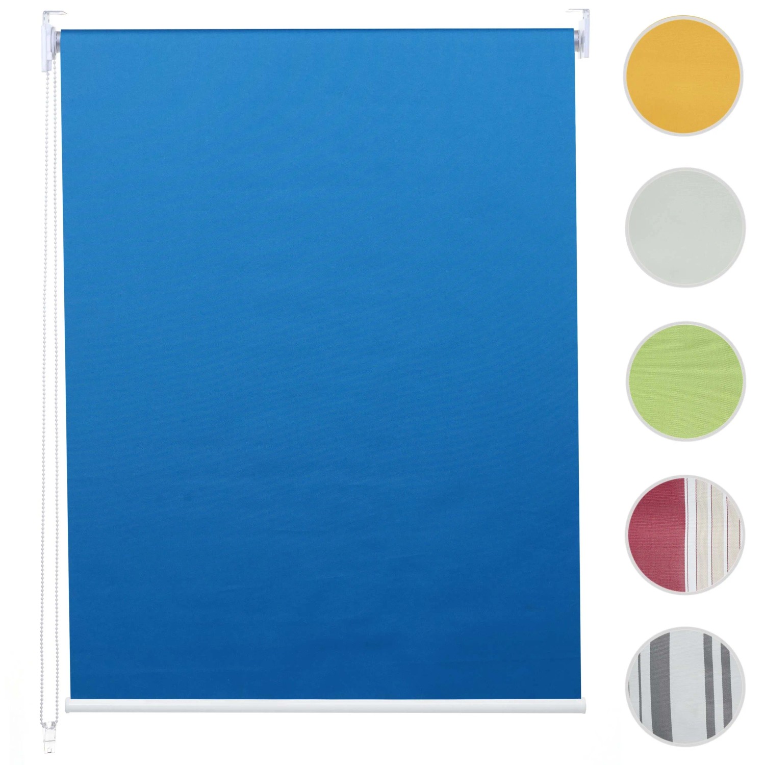Blaues Rollo (70x160cm) mit Kettenzug und Thermobarriere für Wand- oder Deckenmontage.