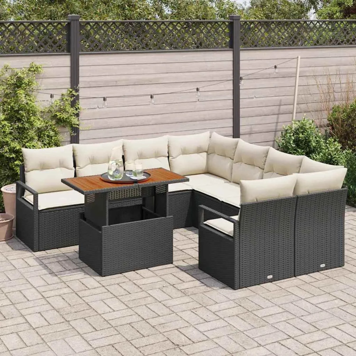 vidaXL Garten-Sofa-Set, 9-teilig, schwarz, Poly Rattan, mit Tisch und Auflagen.
