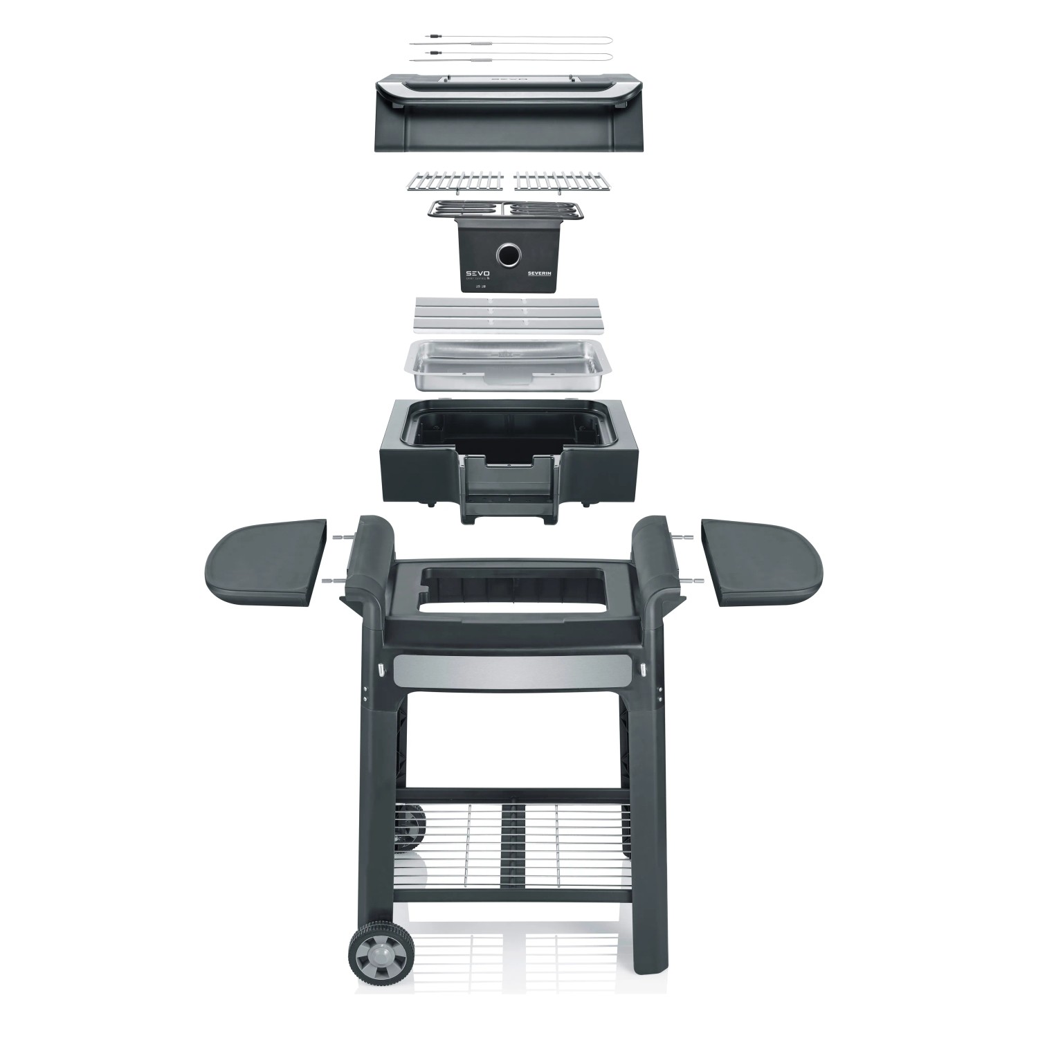 Explosionszeichnung des Severin Standgrills PG 8139 Sevo Smart Control GTS, zerlegt in Einzelteile.