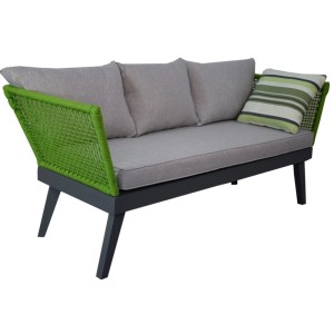 Grau-anthrazitfarbenes Gartensofa Cuba mit grüner Seilwicklung und grauen Kissen.