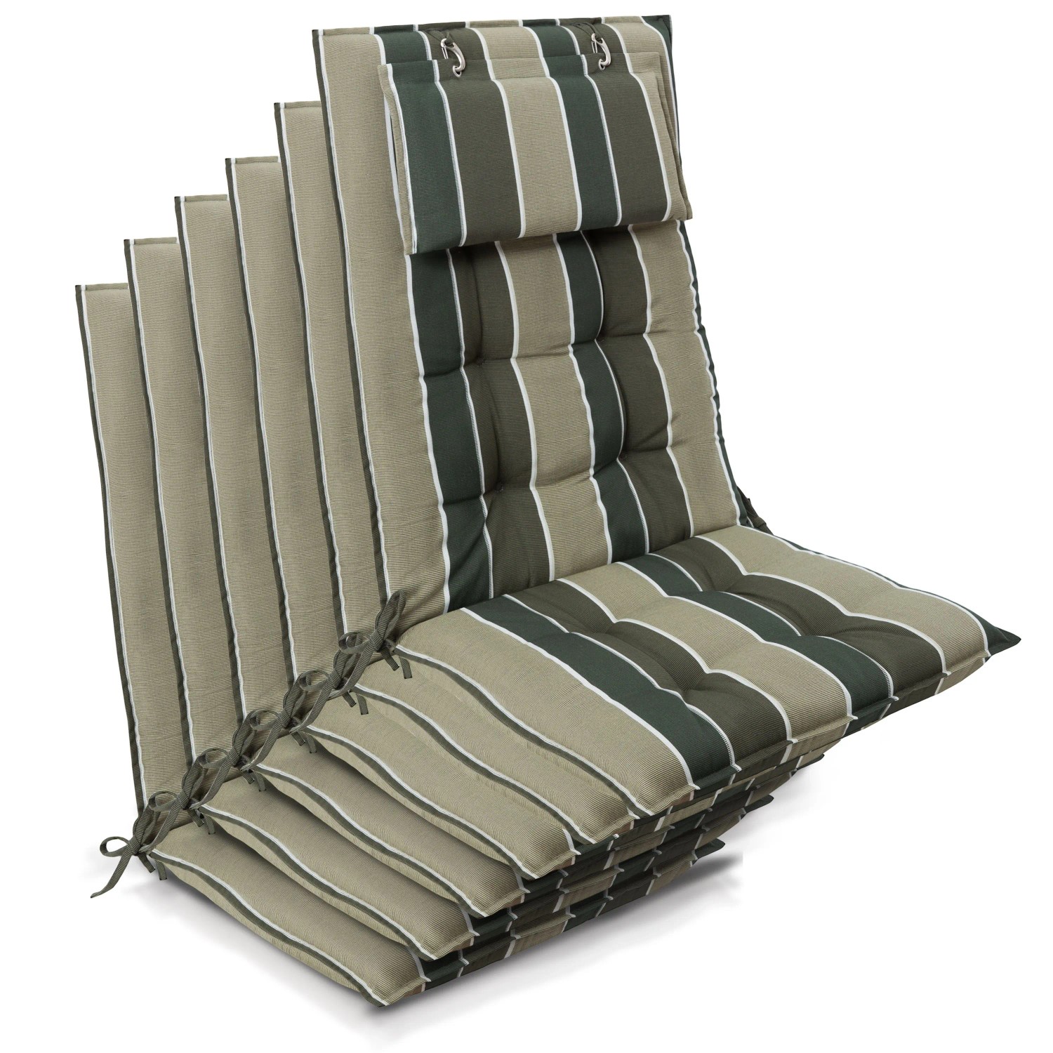 Beautissu 6er Set Sun-HL Hochlehner Auflage 120x50x8cm Grün-Gestreift