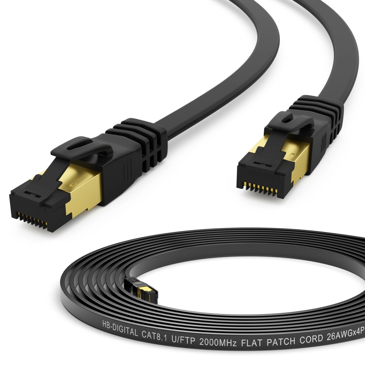 hb-digital LAN Kabel 0,25m Flach CAT 8.1 RJ45 U/FTP PVC 40Gbps 2000 MHz Reines Kupfer Schwarz