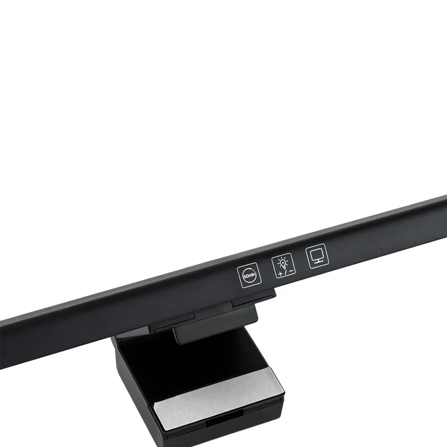 Schwarze LUXULA Monitorleuchte mit Touch-Bedienfeld zur stufenlosen Dimmung, geeignet fürs Homeoffice.
