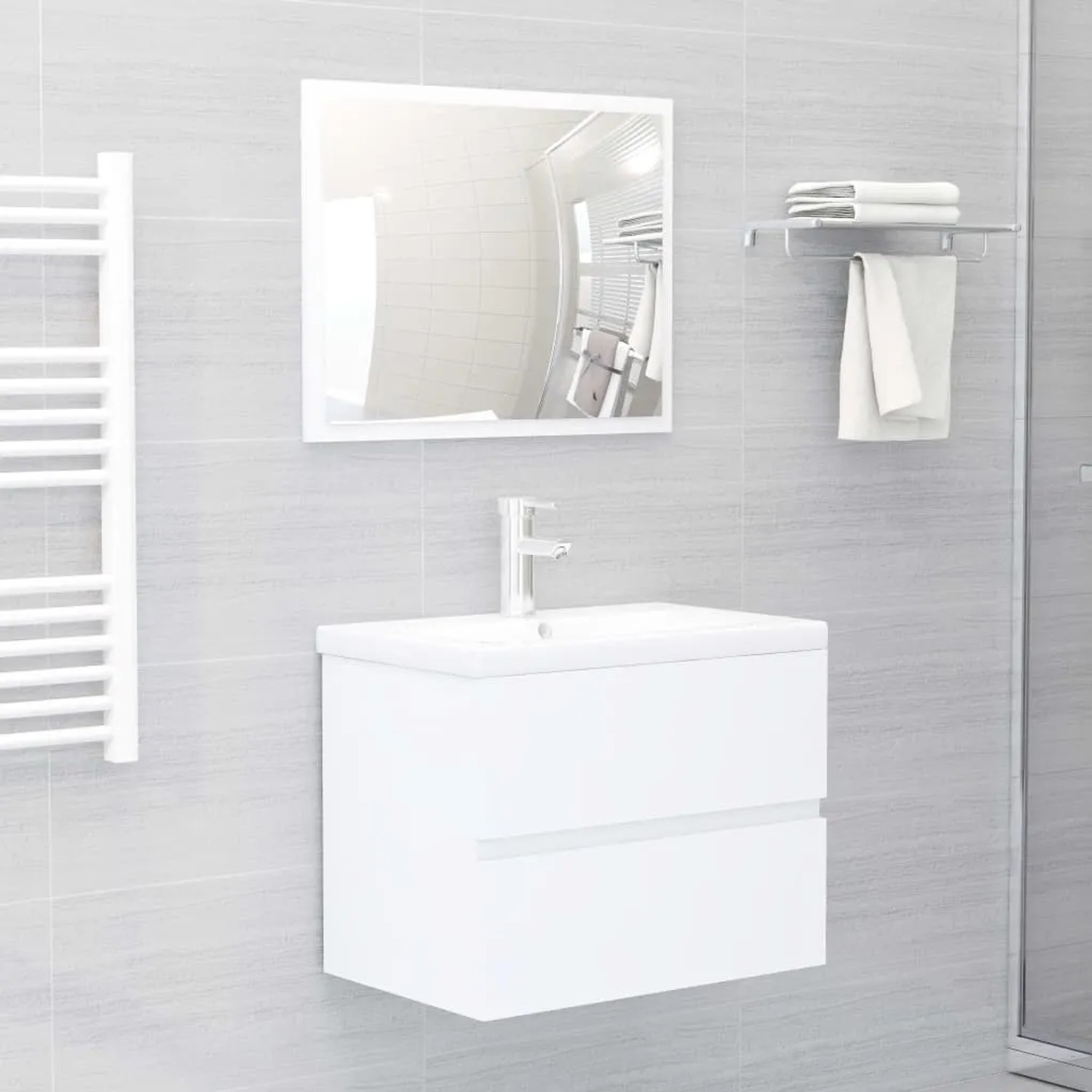 Weißes vidaXL Badmöbel-Set mit Waschbeckenunterschrank, Becken, Spiegel und Armatur.