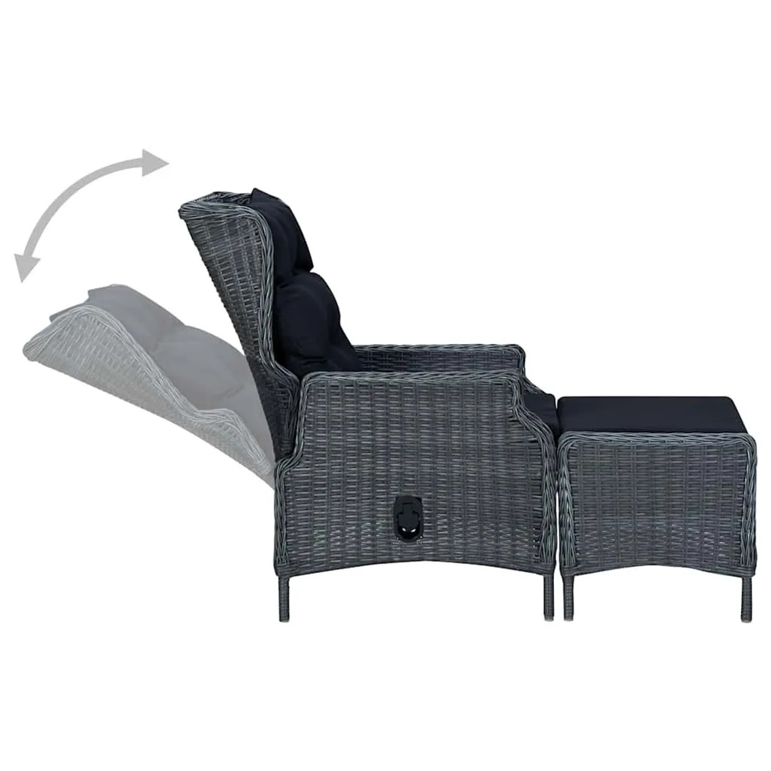 Dunkelgrauer vidaXL Poly-Rattan Gartensessel mit Fußhocker und schwarzen Kissen, verstellbare Rückenlehne.