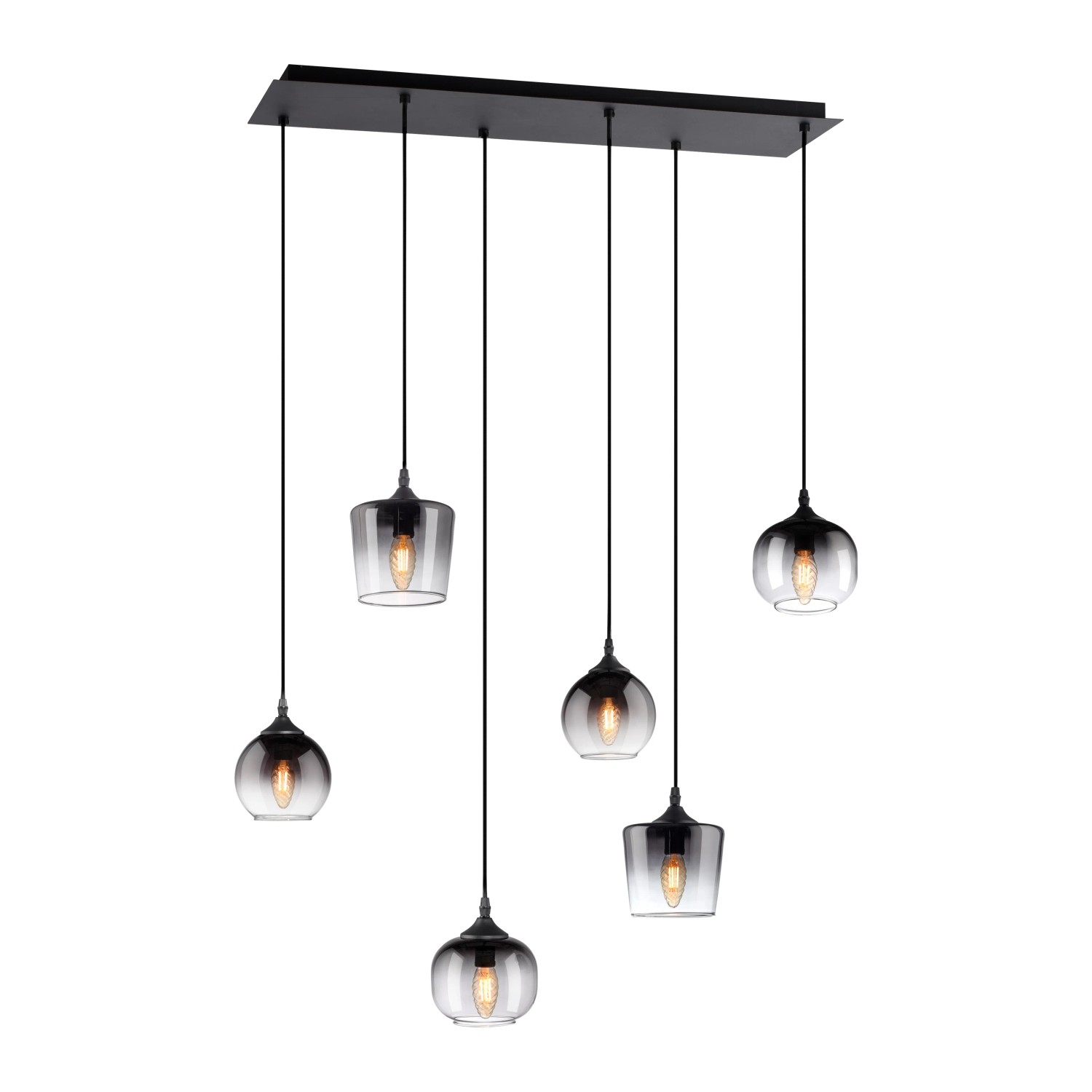 Schwarze Just Light Pendelleuchte Zea, 6-flammig mit Rauchglas-Schirmen in verschiedenen Formen.