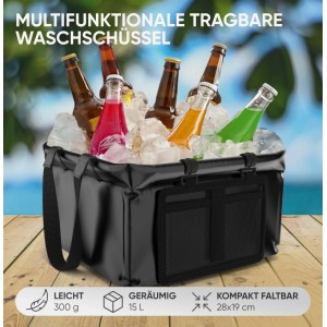 Schwarze, faltbare EVOCAMP Spülschüssel (15 l) mit Eis und Getränkeflaschen für Camping & Outdoor.