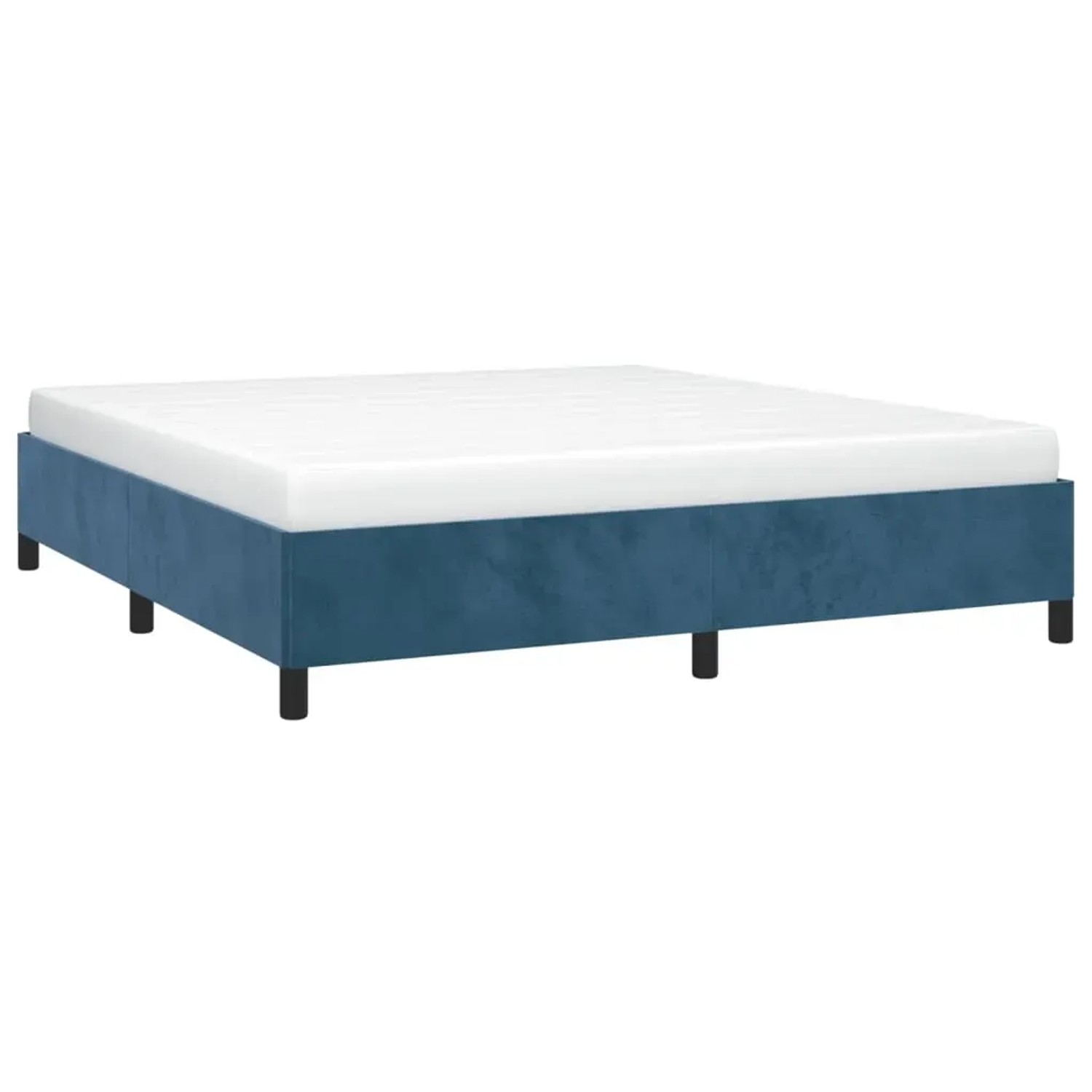 Dunkelblaues Samt Bettgestell 180x200 cm. Elegantes Doppelbett mit schwarzen Füßen.