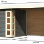 Karibu Holz-Gartenhaus Sölve terragrau mit Flachdach und Maßangaben.