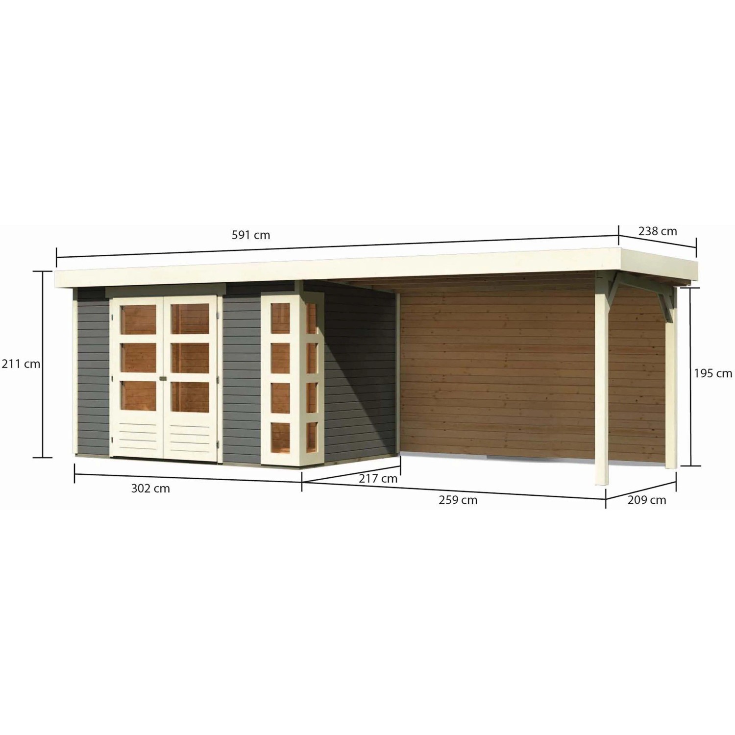 Karibu Holz-Gartenhaus Sölve terragrau mit Flachdach und Maßangaben.