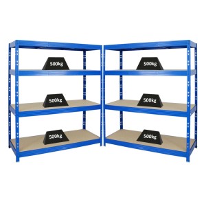 Mega Deal: 2 blaue PROREGAL Schwerlastregale Rhino mit je 4 Spanplatten-Ebenen und hoher Traglast.