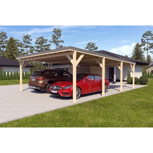 Doppelcarport Ralf mit Geräteraum, Holzkonstruktion mit dunkelgrauem Dach und zwei geparkten Autos.
