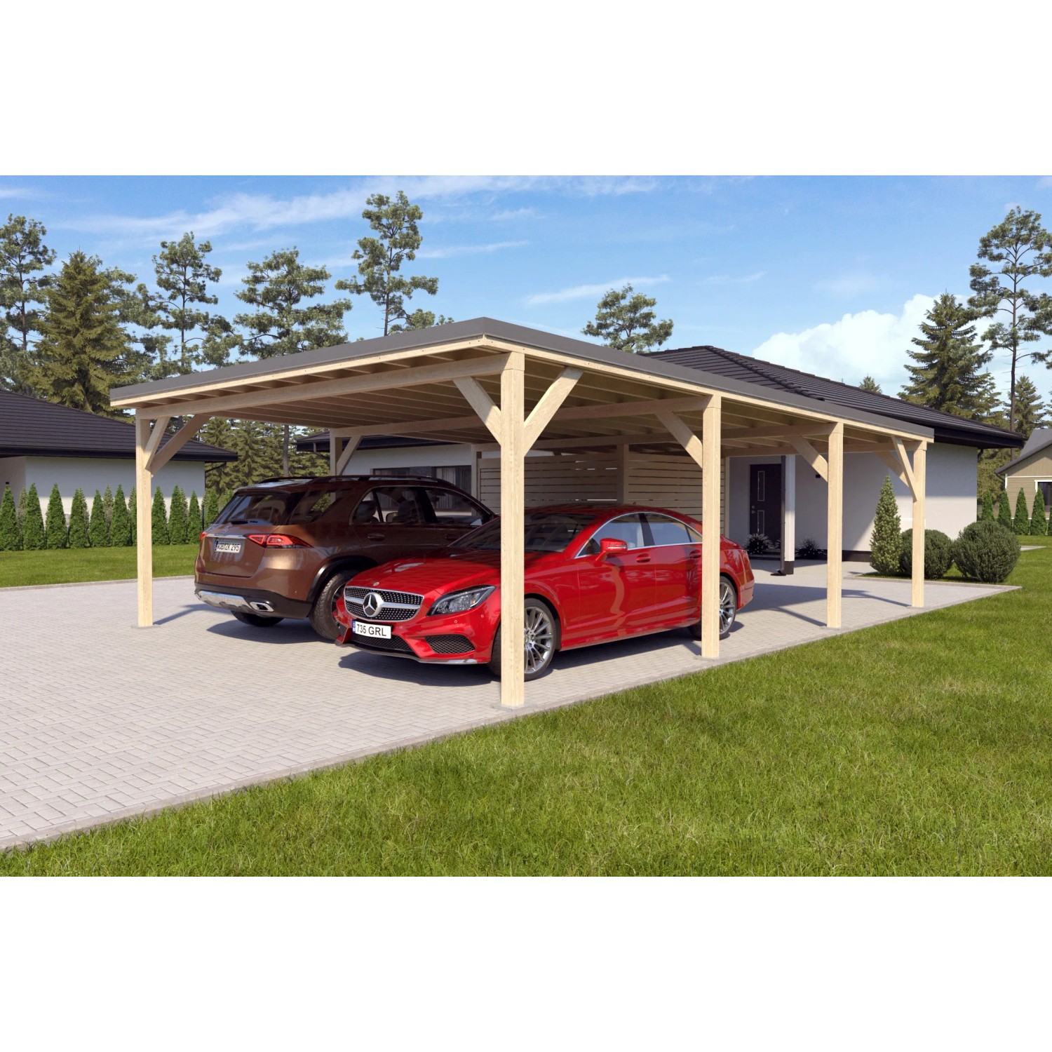 Doppelcarport Ralf mit Geräteraum, Holzkonstruktion mit dunkelgrauem Dach und zwei geparkten Autos.
