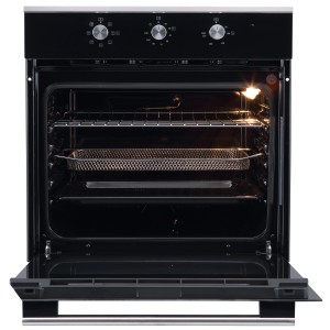 PKM Einbaubackofen EBO6-60AF mit Airfry Funktion und Frittierkorb, schwarzes Design.