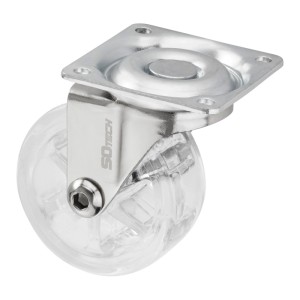 SOTECH Lenkrolle RAPID, transparent, Ø50 mm, belastbar bis 35 kg. Möbelrolle mit verzinkter Montageplatte.