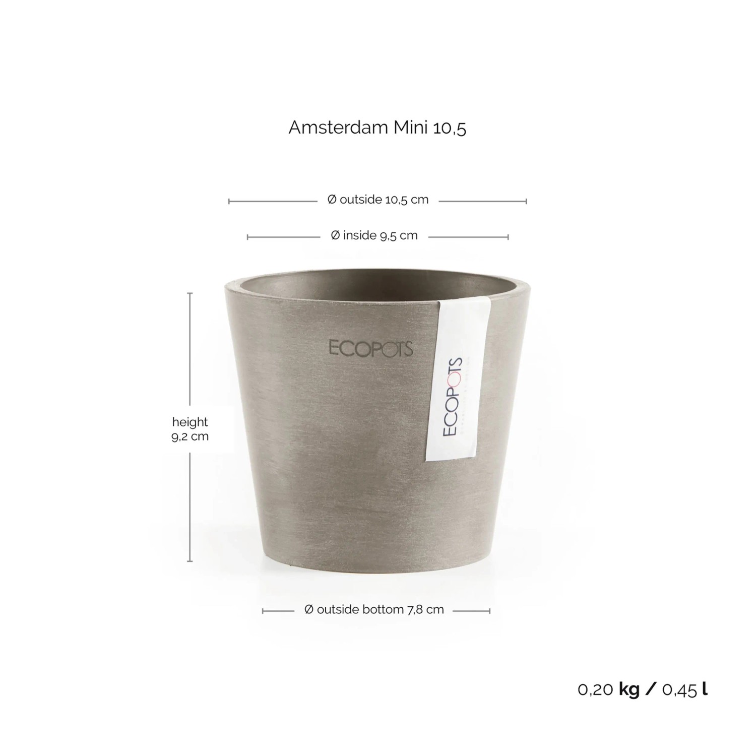 Ecopots Amsterdam Mini Pflanztopf, taupe, 10,5x9cm. Ideal für kleine Pflanzen, für Innen und Aussen.