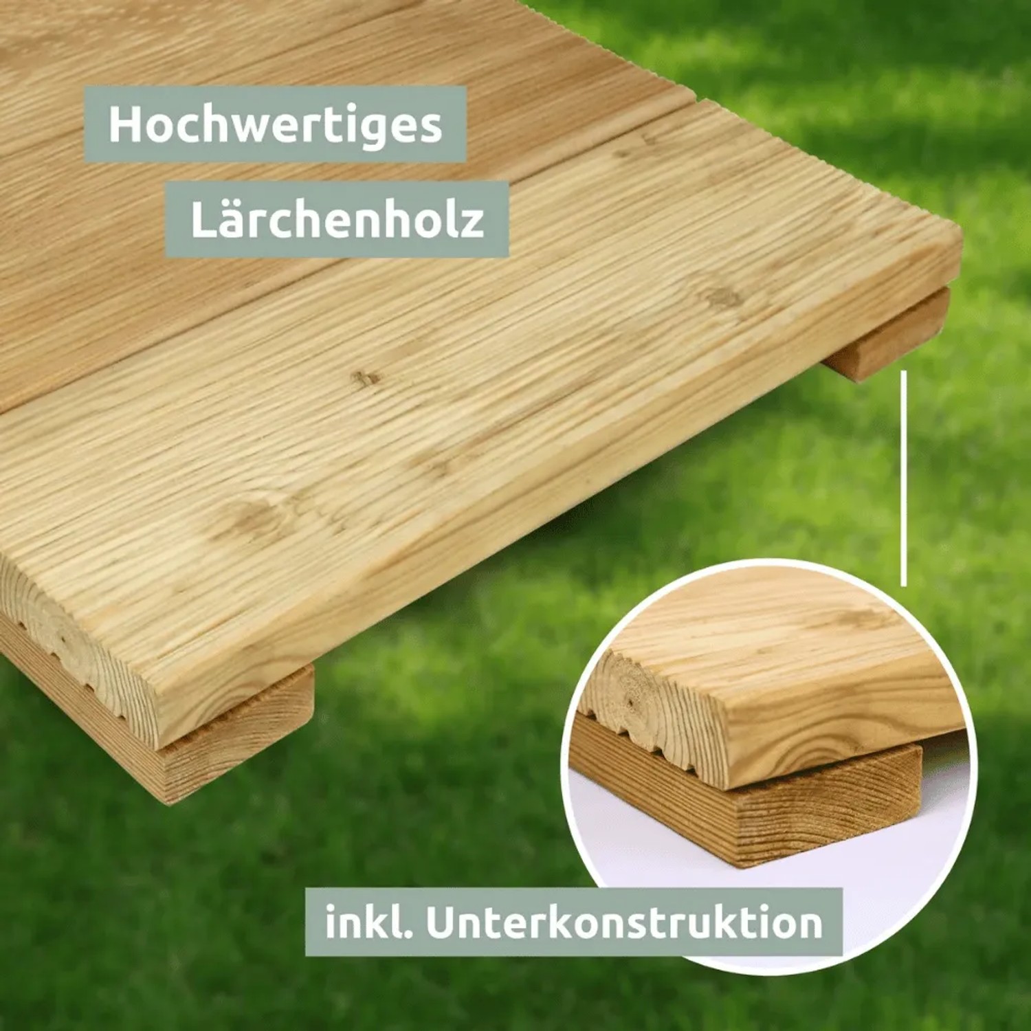 DELUKE Holzfliese aus Lärchenholz, geriffelte Terrassenfliese mit Unterkonstruktion.