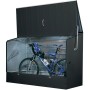 Geöffnete, anthrazitfarbene Trimetals Fahrradgarage mit Fahrrad und Helm. Sicherer Fahrradbox Unterstand.