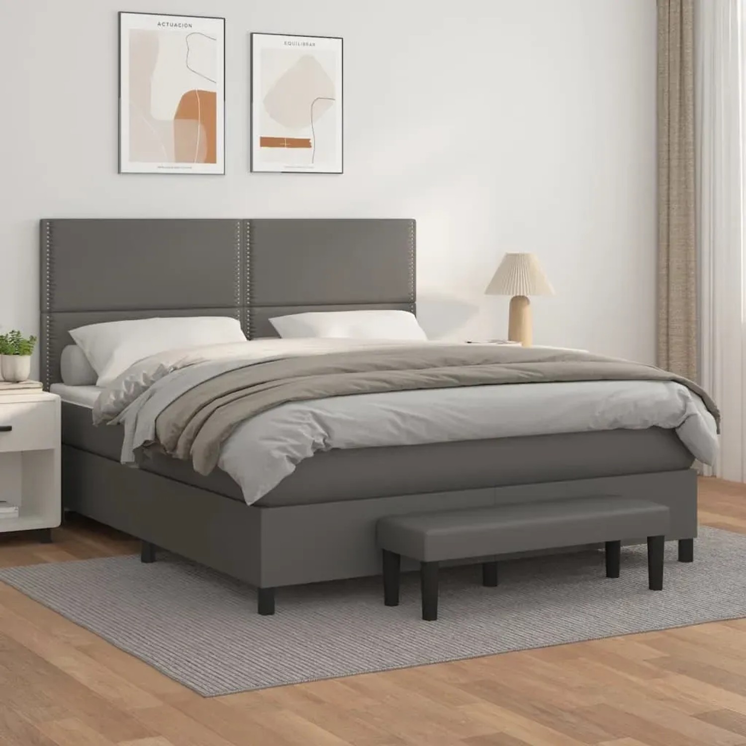 Graues vidaXL Boxspringbett (180x200 cm) mit Matratze, Bank und Kunstlederbezug.