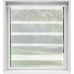 Weiße Bestlivings Bistrogardine mit Raffoptik und Stangendurchzug am Fenster.