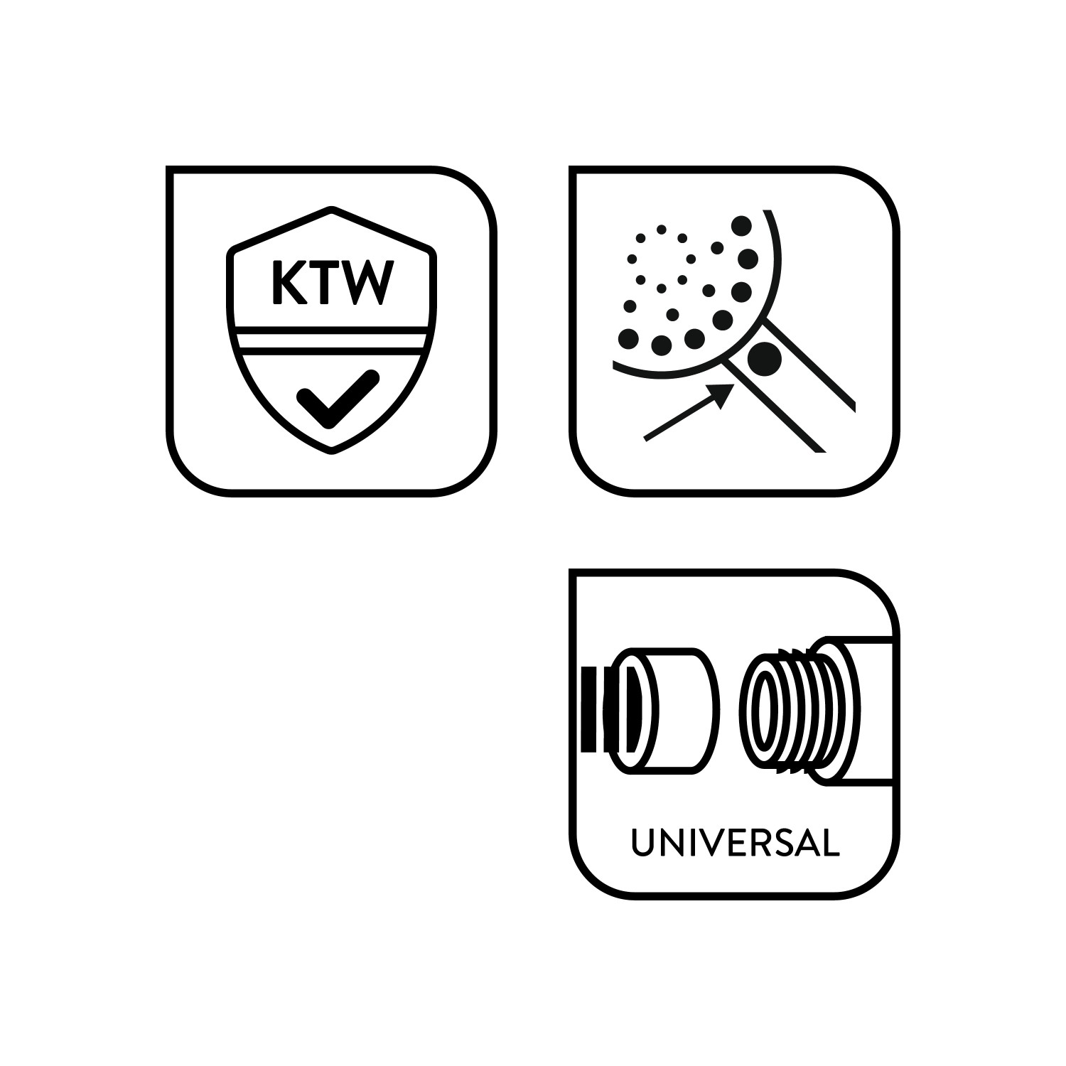 Icons zur baliv Handbrause: KTW-Zertifikat, Antikalk-Funktion, Universalanschluss.