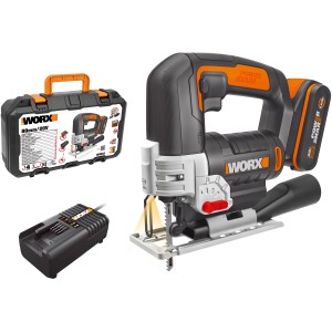 Worx 20V Akku-Stichsäge WX543 mit Akku, Ladegerät und Koffer.
