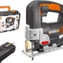 Worx 20V Akku-Stichsäge WX543 mit Akku, Ladegerät und Koffer.