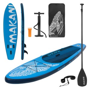 Blaues ECD Germany Stand Up Paddle Board Makani 320 mit Zubehör Set.
