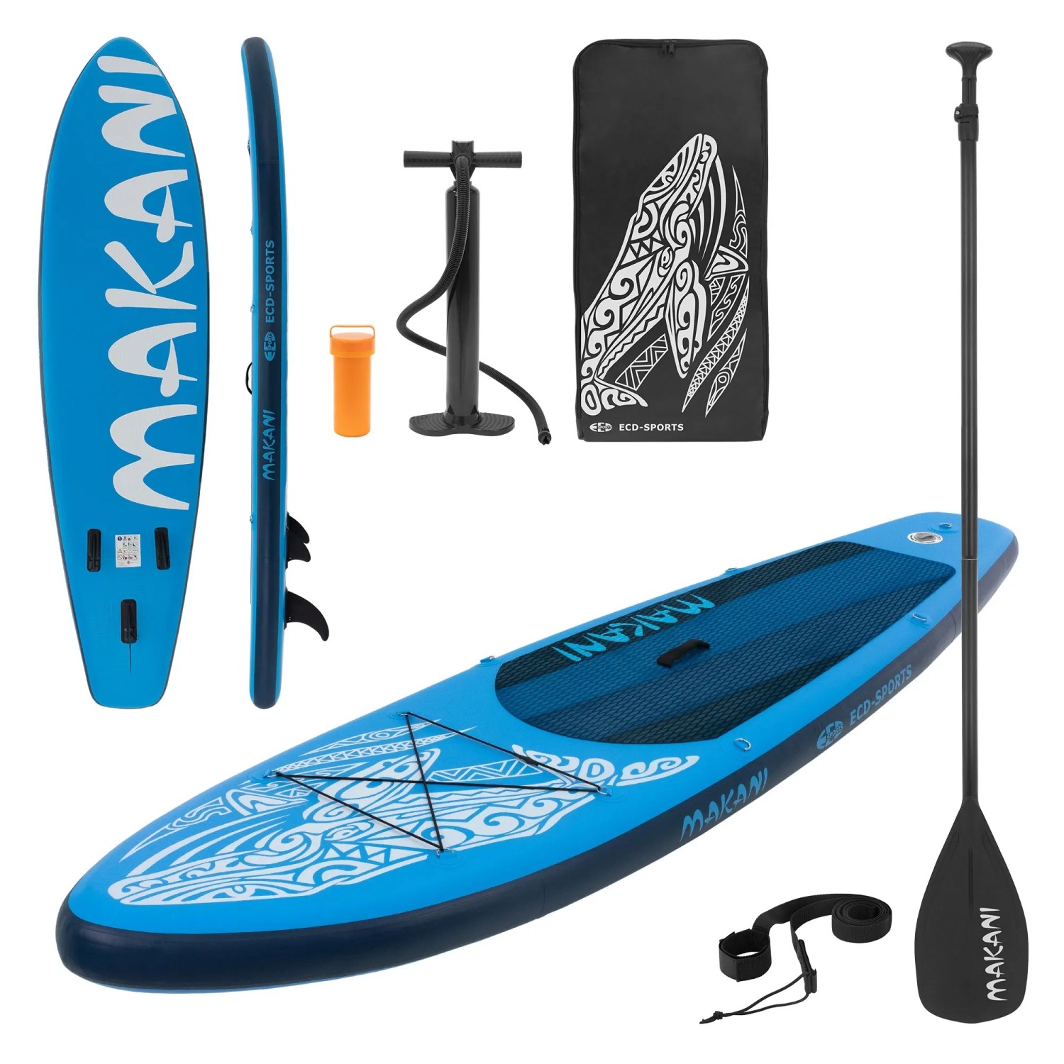 Blaues ECD Germany Stand Up Paddle Board Makani 320 mit Zubehör Set.
