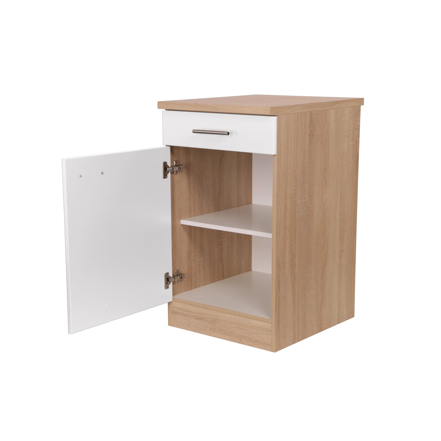 Respekta Unterschrank Merle, 50 cm, Weiß, mit offener Tür und Schublade. Küchenunterschrank mit Einlegeboden.