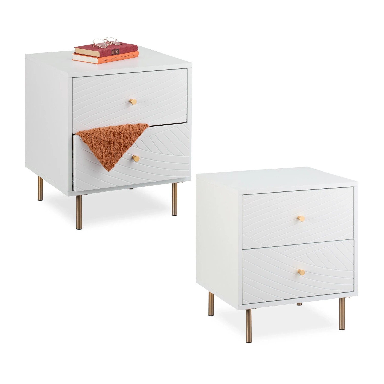 Relaxdays Nachttisch MDF Spanplatte Eisen Weiß Gold 2 Schubladen 2er Pack 52 cm x 45 cm x 40 cm 12,7 kg