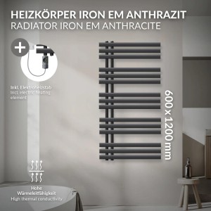 LuxeBath Badheizkörper Iron EM 600x1200 Anthrazit mit Heizstab 900W Digital.