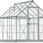 Silbernes Palram Canopia Gewächshaus, 4,6 m², mit Fundamentrahmen und Dachfenster.