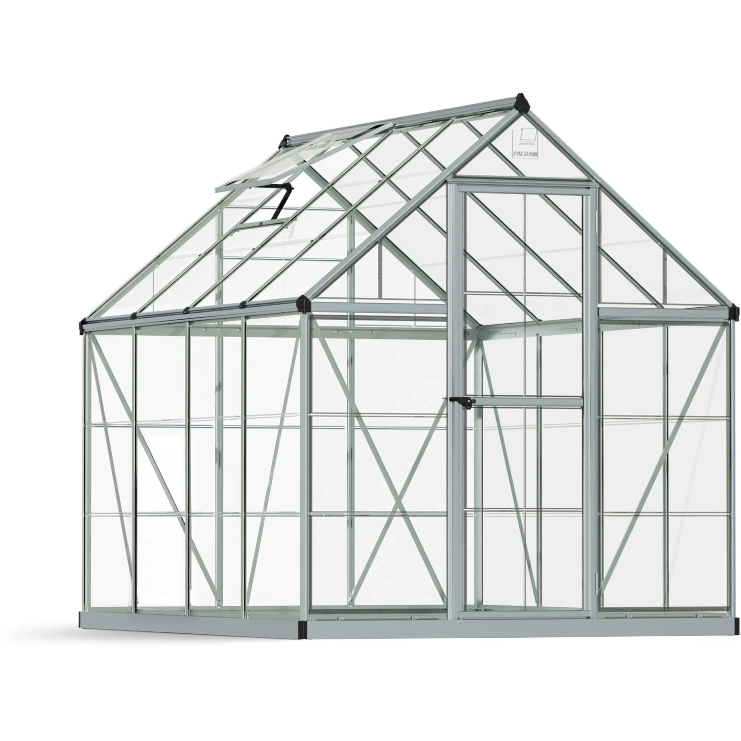 Silbernes Palram Canopia Gewächshaus, 4,6 m², mit Fundamentrahmen und Dachfenster.