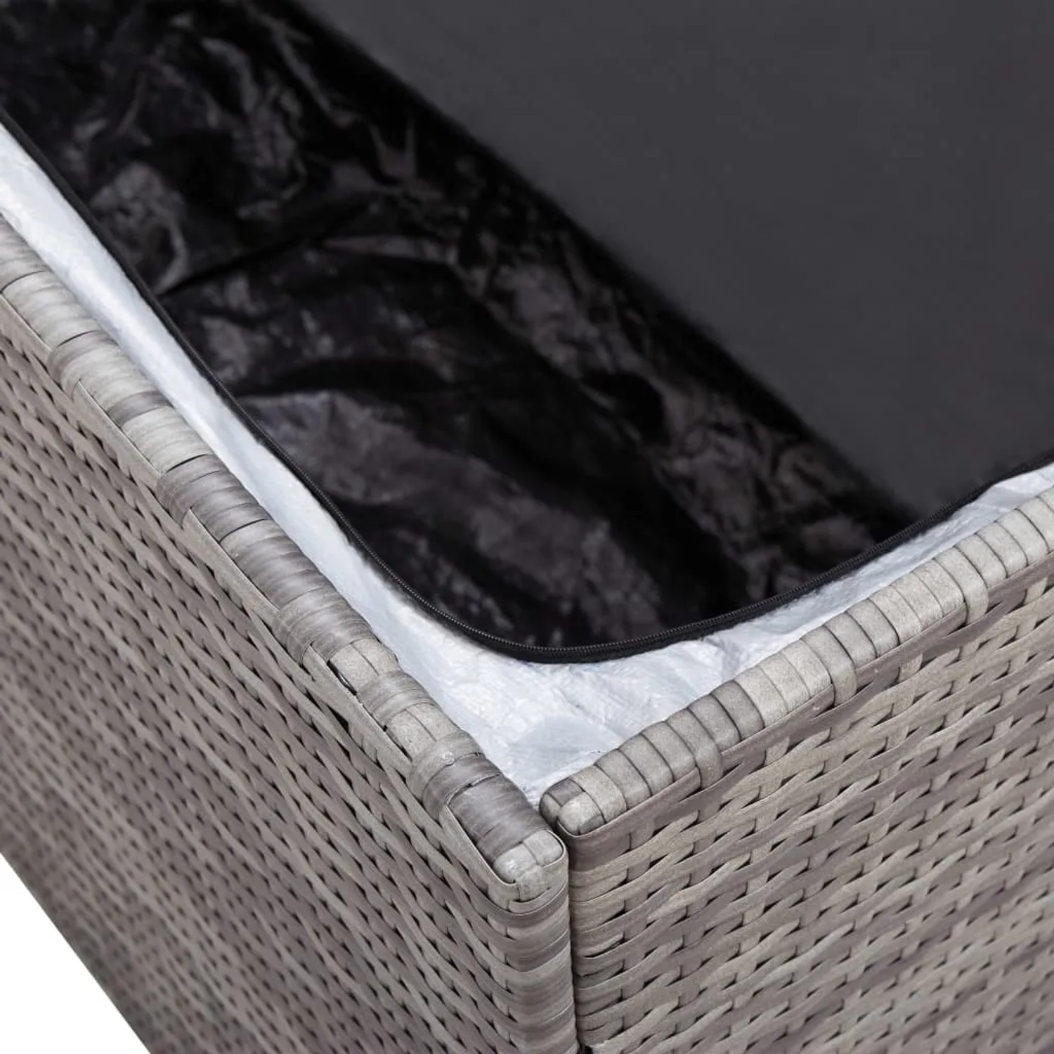 Graue VidaXL Gartenbox aus Rattan, 100x50x50 cm, mit PE-Liner. Universalbox für Garten.