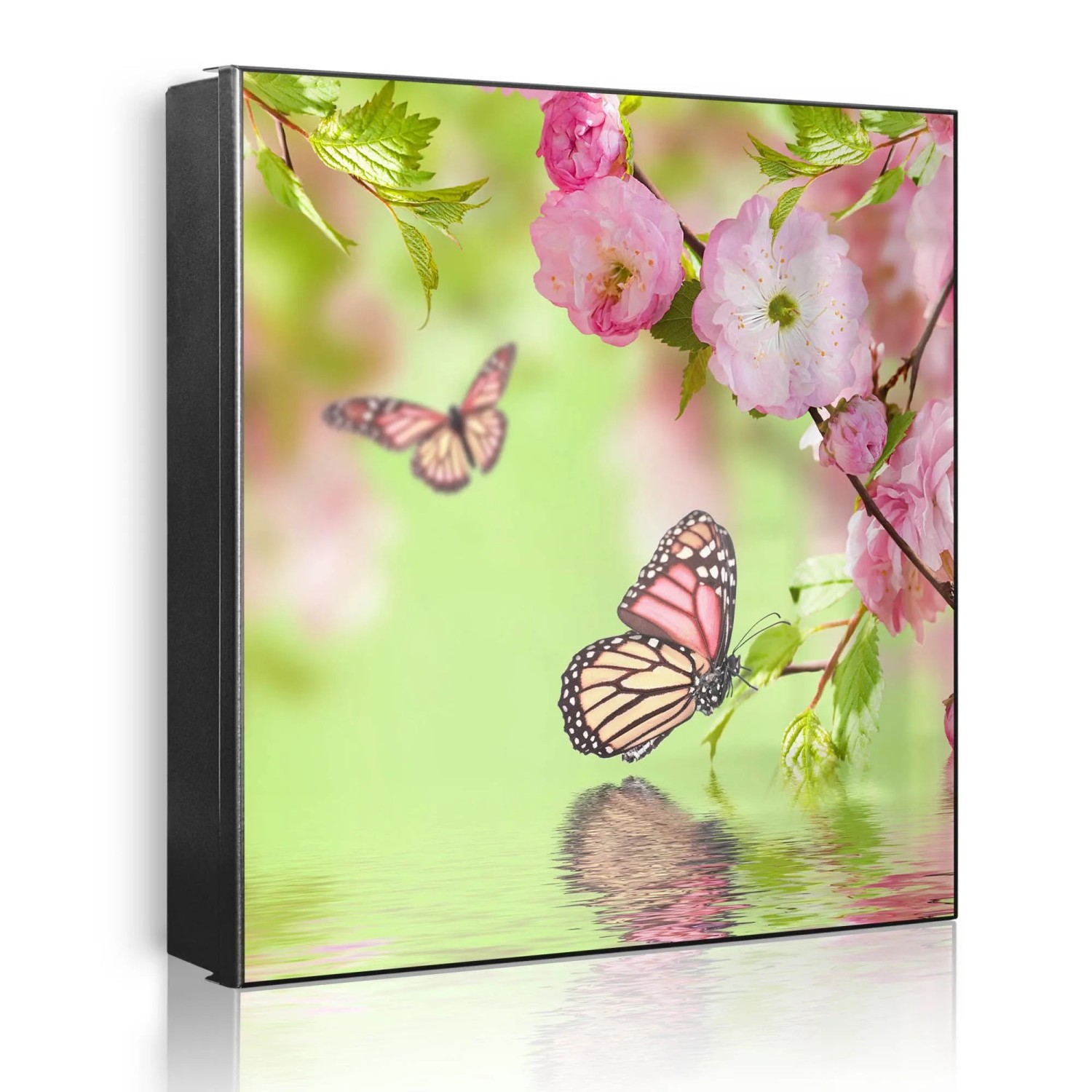 Banjado Großer Schlüsselkasten Metall 30x30cm Schwarz Scharnier Links 50 Haken Beschreibbar Magnetisch Motiv Japanische Kirschblüte