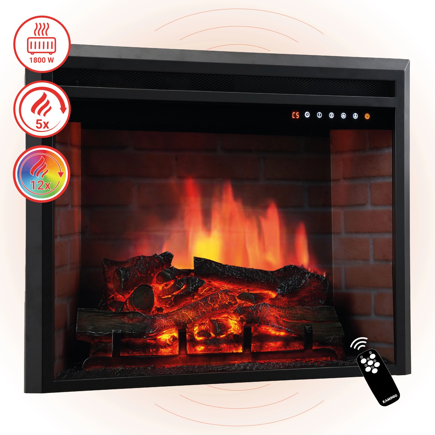 Kaminio Elektrokamin Luca mit 3D-Flamme, Einbaukamin mit Heizung und Fernbedienung.