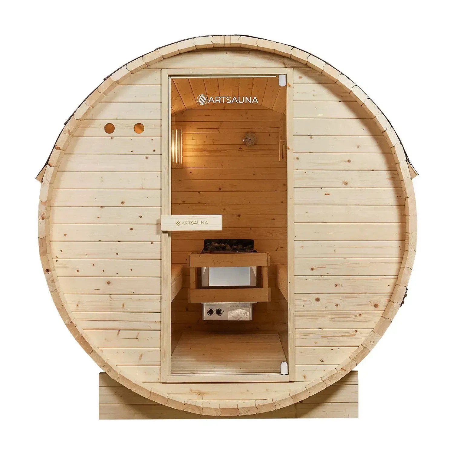 Artsauna Fasssauna Spitzbergen 220 cm aus Fichtenholz mit Saunaofen und Glastür.