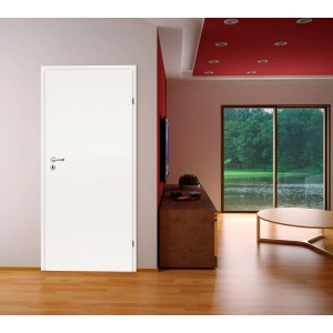Weiße Classen Zimmertür (86x198,5 cm) mit Links-Anschlag in Wohnraum-Szene.