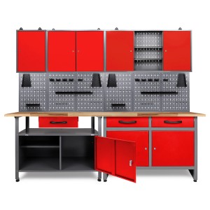 Ondis24 Werkbank Set mit Werkstattschränken, Lochwand und Buchenholzplatte, rot.
